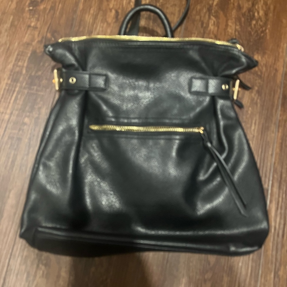 Sole Society Black Leather Backpack with Gold Accents